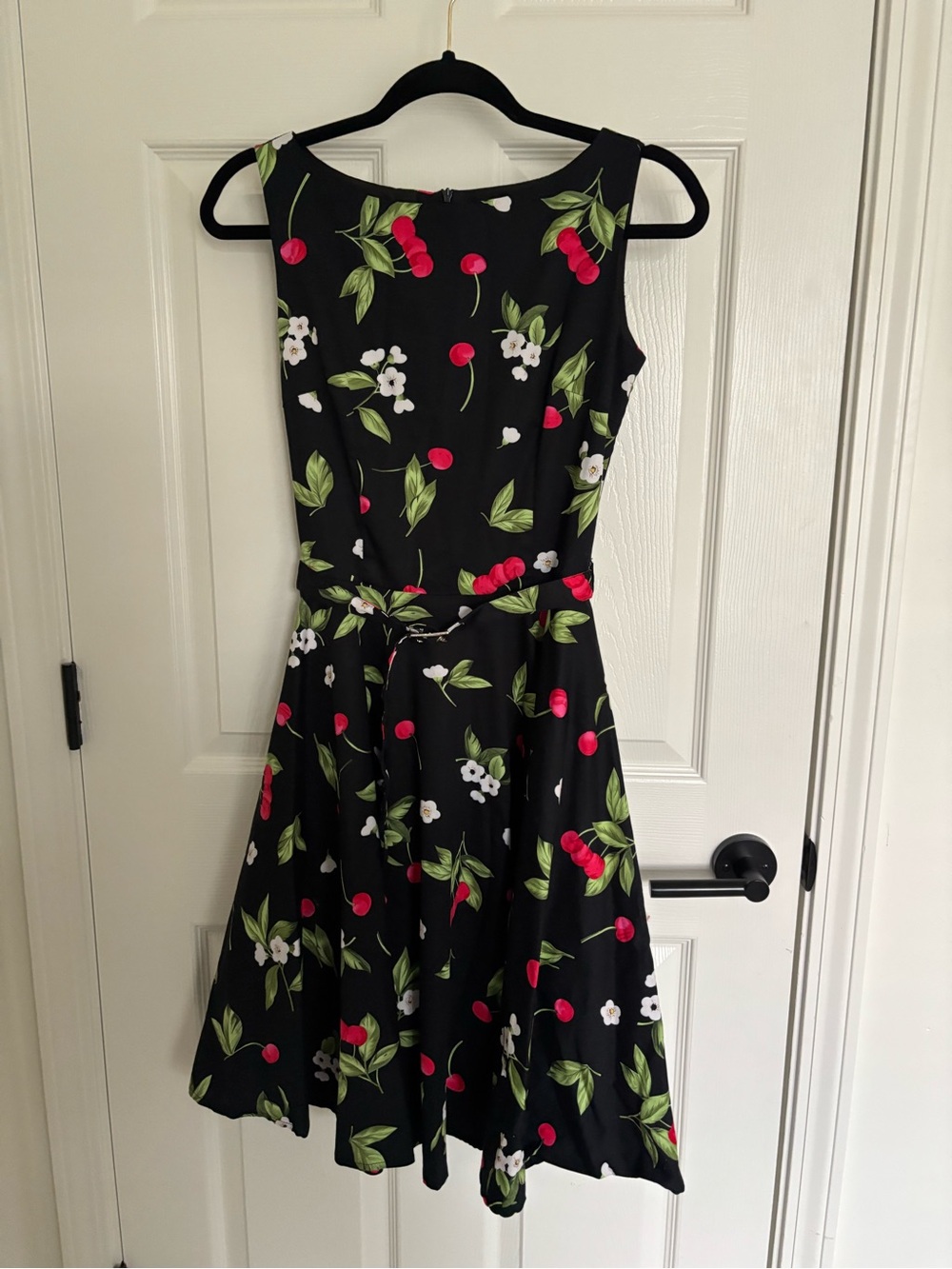 Black Cherry Print Fit-and-Flare Dress midi retro with belt blackbutterfly